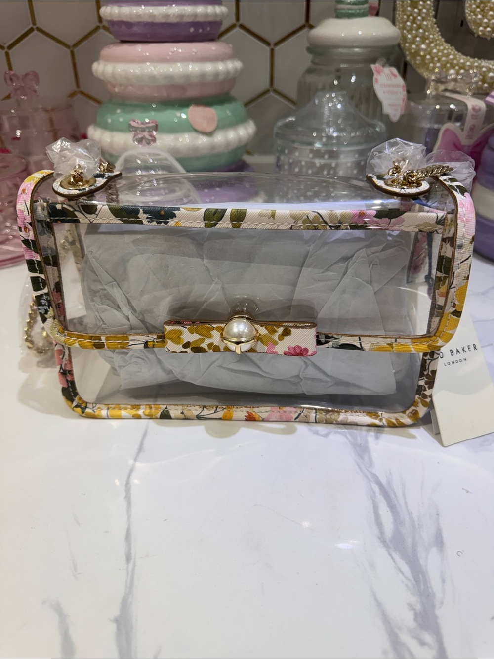 Ted Baker Clear Floral-Trim Clutch with Pearl Accent